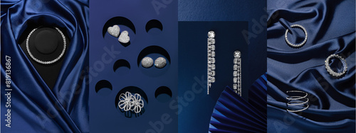 Beautiful diamond jewelry on a blue background. Banner. Style. Top view.