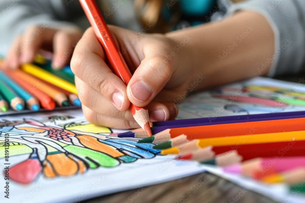 Hands using colored pencils to fill a drawing with vibrant colors. Bright and vivid composition. Hands using colored pencils to fill a drawing with vibrant colors. Bright and vivid composition.