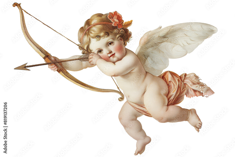 Fototapeta premium Charming vintage cupid illustration with a bow and arrow, perfect for Valentine's Day and romantic-themed designs.