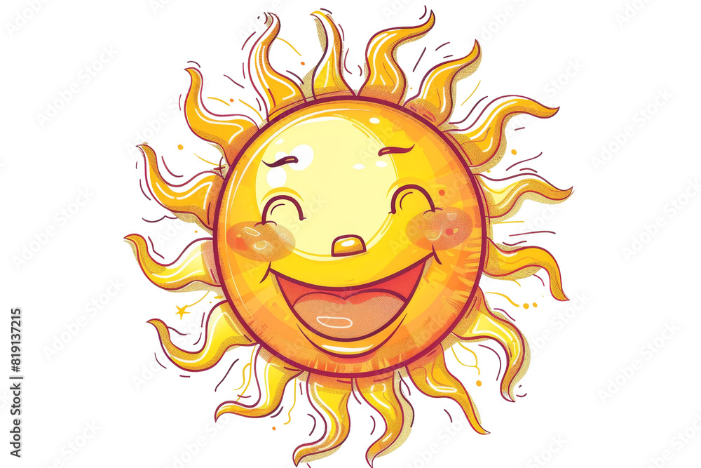 Cheerful cartoon sun with smiling face and vibrant rays, isolated on transparent background. Perfect for summer and bright, happy themes.