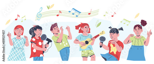 Children play different musical instruments and sing a song. Children's orchestra and music classes banner or poster background design, flat vector illustration isolated on white background.