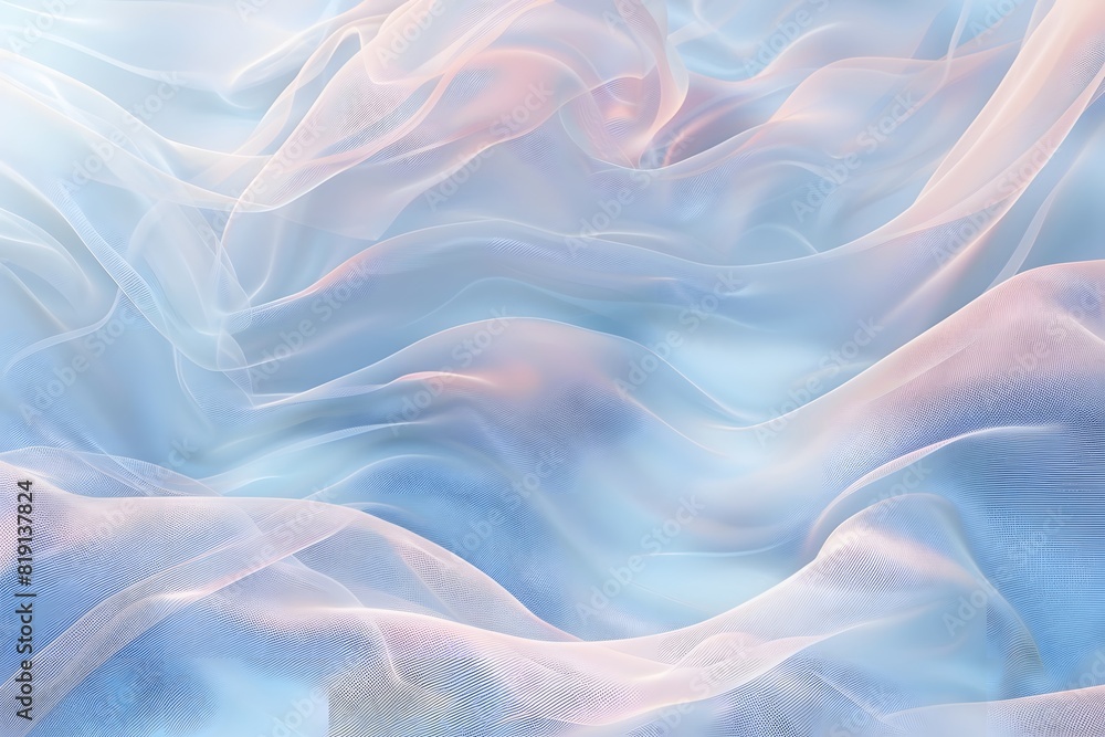 Abstract  photographic style of wave-shape soft lighting background, silk texture, harmonious blend blue and white. The waves gently flowing across the canvas. subtle pattern not heavy