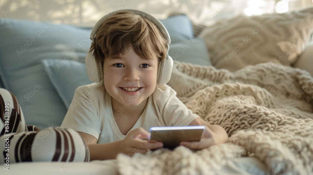 A Boy with Headphones Using Smartphone A Boy with Headphones Using Smartphone