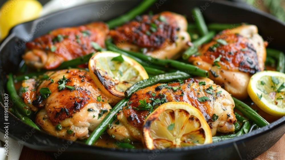  Lemon Garlic Butter Chicken and Green Beans Skillet. A skillet filled with juicy chicken thighs and fresh green beans