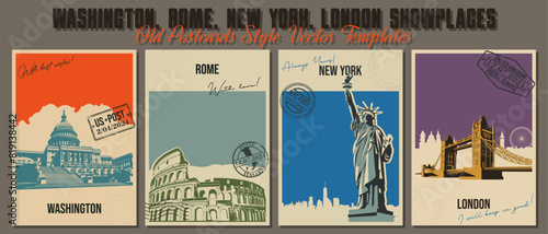 Washington, Rome, New York, London Showplaces. Old Postcards with Wishes Style Vector Templates. Retro Colors, Imprints