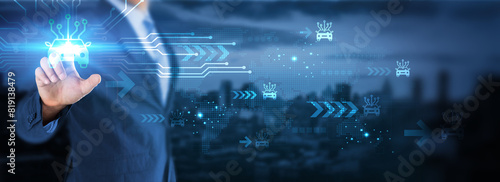 Hand touching global network connection on auto mobile technology and futuristic navigation systems, opening up possibilities for seamless communication and integration with smart infrastructure.