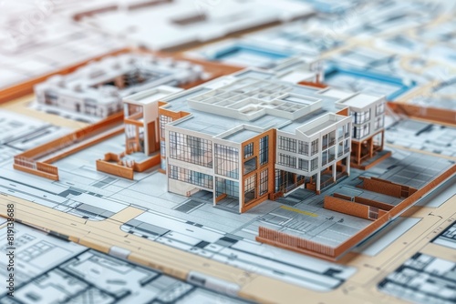 Detailed architectural model of a modern building on a blurred blueprint background.