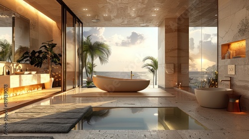 The bathroom has a modern style bathtub.