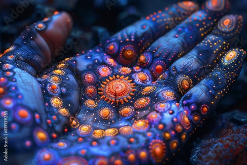 Close-up of a hand decorated with intricate, colorful patterns resembling a surreal, cosmic landscape with vibrant orbs and circles. photo