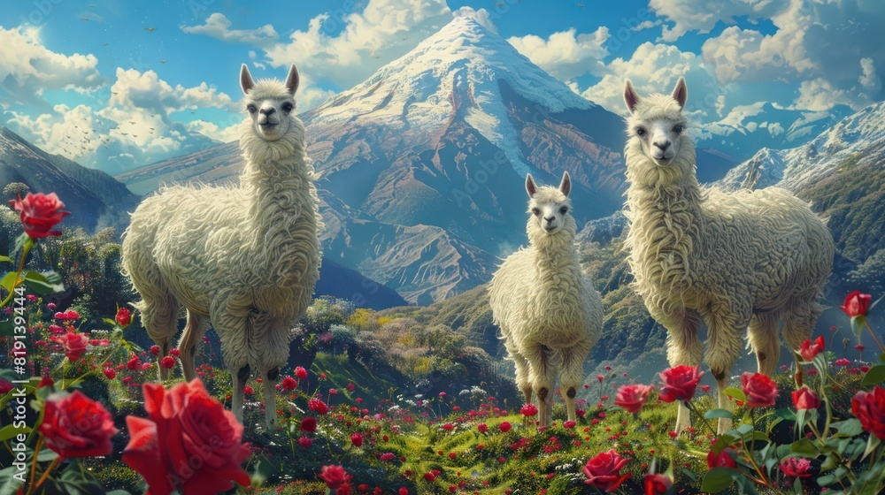 Fototapeta premium Three white llamas in a field with a volcano