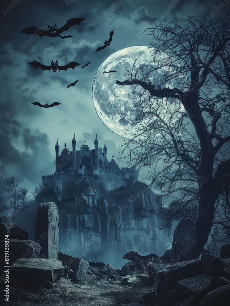 Graveyard cemetery to castle In Spooky scary dark Night full moon and bats on dead tree. Holiday event halloween banner background concept.
