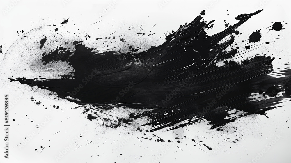 Abstract black ink splash, brush strokes, and grunge stains isolated on a white background, evoking Japanese calligraphy style Abstract black ink splash, brush strokes, and grunge stains isolated on a white background, evoking Japanese calligraphy style