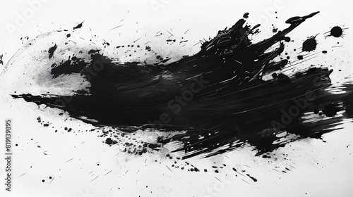 Abstract black ink splash, brush strokes, and grunge stains isolated on a white background, evoking Japanese calligraphy style photo