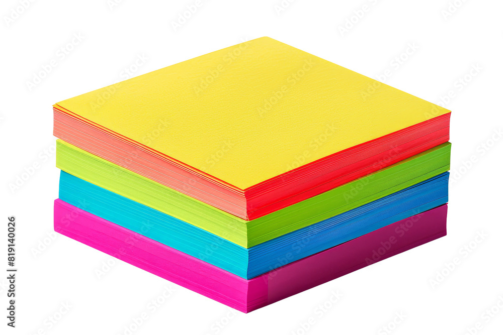 Stack of colorful sticky notes in neon yellow, blue, green, orange, and pink, perfect for office organization and reminders.