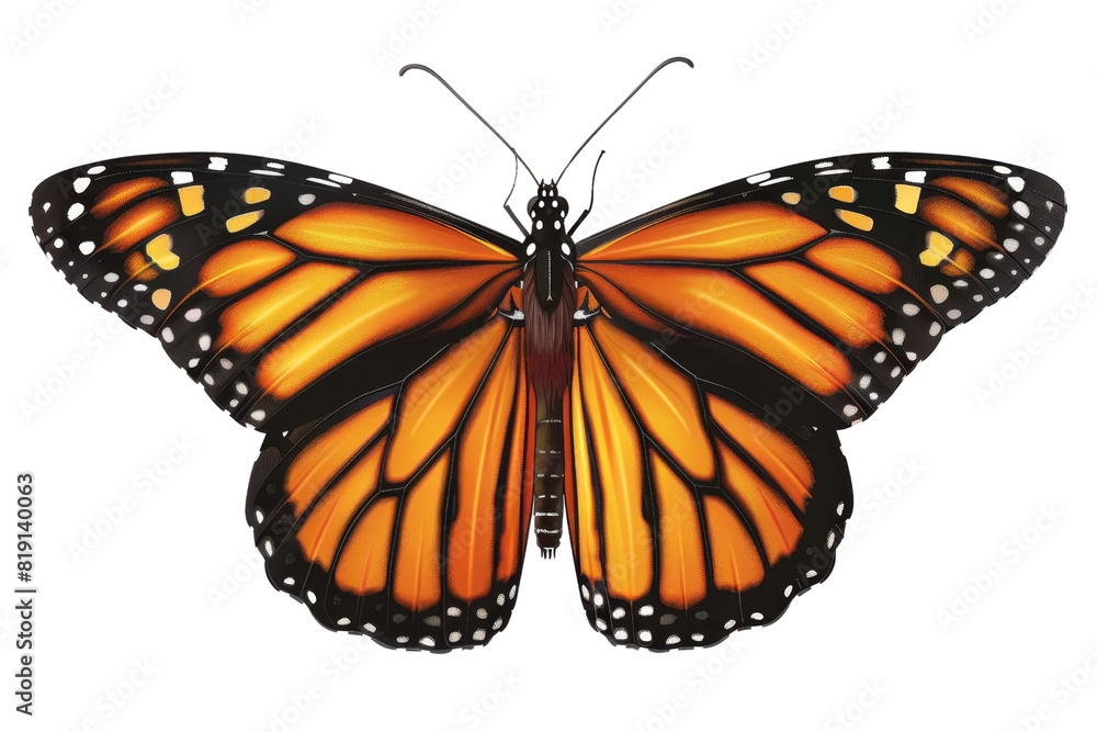 Fototapeta premium Stunning close-up of a vibrant orange monarch butterfly with detailed black and white wing patterns. Perfect for nature and wildlife enthusiasts.