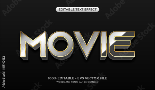 Movie text effect with realistic 3d glossy metallic. Shiny silver typography on a black background