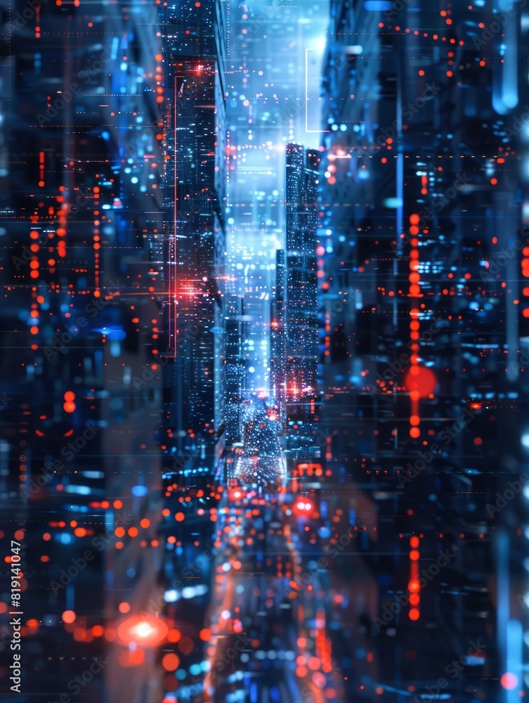 Technology city background or banner relating to digital, connectivity, simulation, hologram, data, ai, future, Generative AI