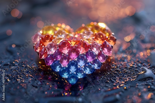 A cluster of sparkling diamonds arranged in the shape of a rainbow heart, symbolizing Pride and love. photo