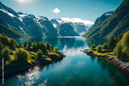 Set a serene Norwegian fjord surrounded by steep, lush mountains.