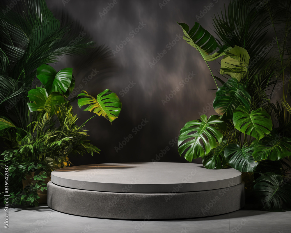 Stone podium stand with tropical leaves background. Stone podium stand with tropical leaves background.
