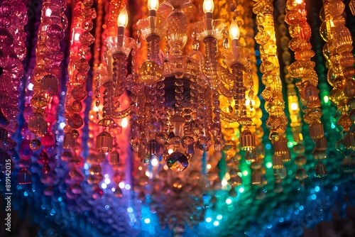 A crystal chandelier adorned with cascading prisms in all the colors of the rainbow, celebrating Pride. photo
