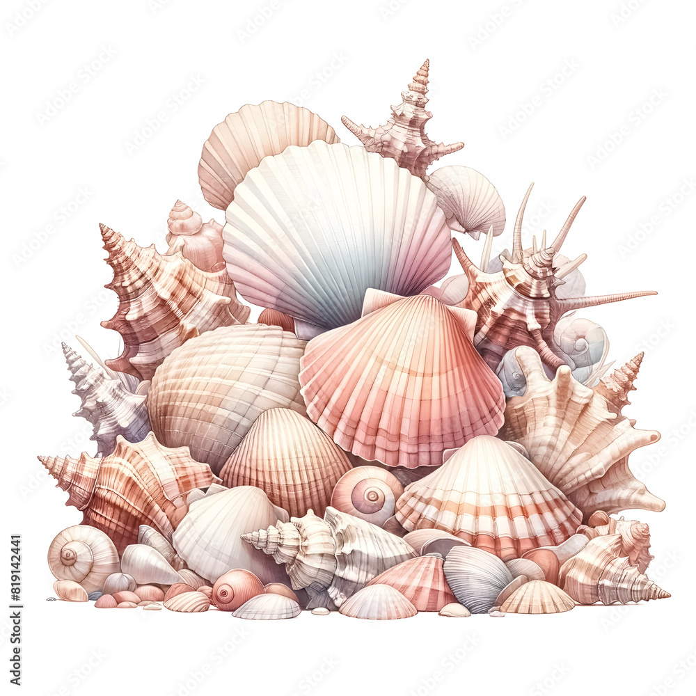 Seashell clipart in different shapes and sizes, An illustration for summer, rendered in watercolor style. Seashell clipart in different shapes and sizes, An illustration for summer, rendered in watercolor style.