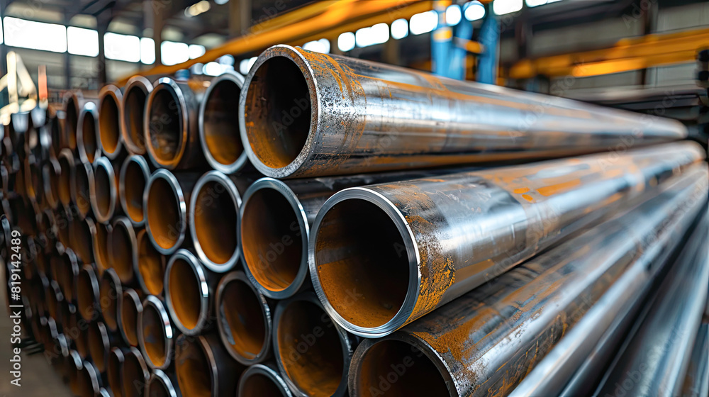 A stack of steel pipes in a warehouse or factory with a blurry background.Generative AI A stack of steel pipes in a warehouse or factory with a blurry background.Generative AI