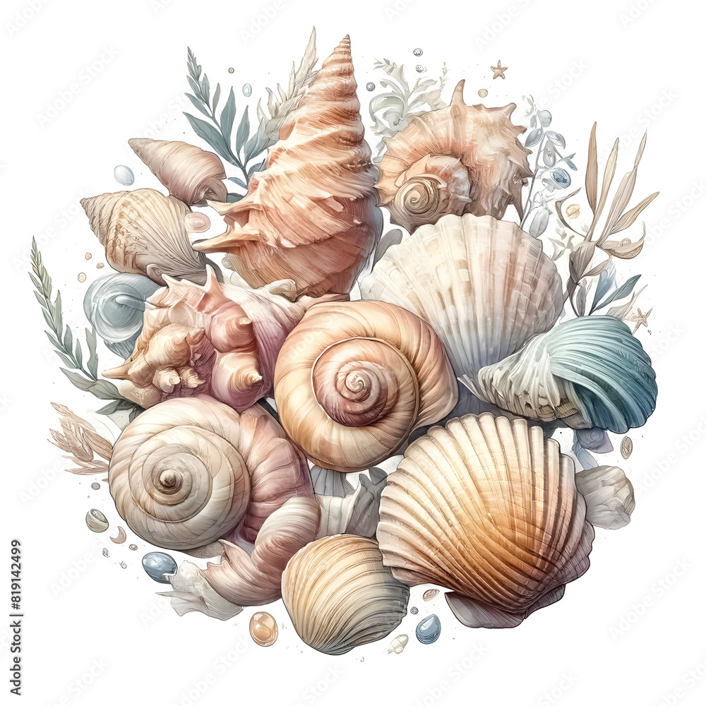 Seashell clipart in different shapes and sizes, An illustration for summer, rendered in watercolor style. Seashell clipart in different shapes and sizes, An illustration for summer, rendered in watercolor style.