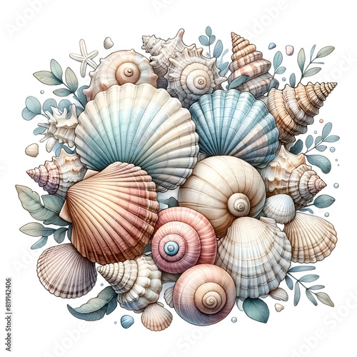 Seashell clipart in different shapes and sizes, An illustration for summer, rendered in watercolor style. 