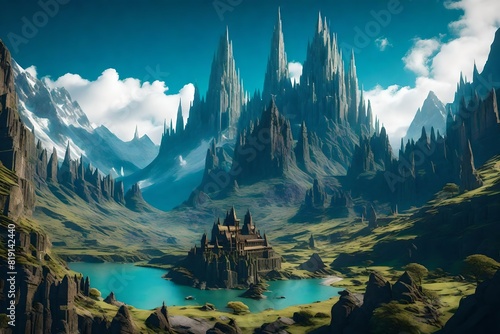 Change to a fantastical mountain kingdom with towering spires and mystical lighting. photo