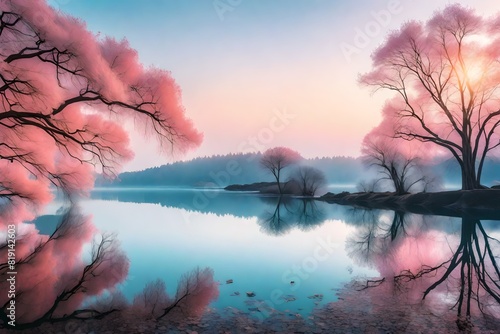 Set a tranquil lake at sunrise with soft pastel pinks and blues.