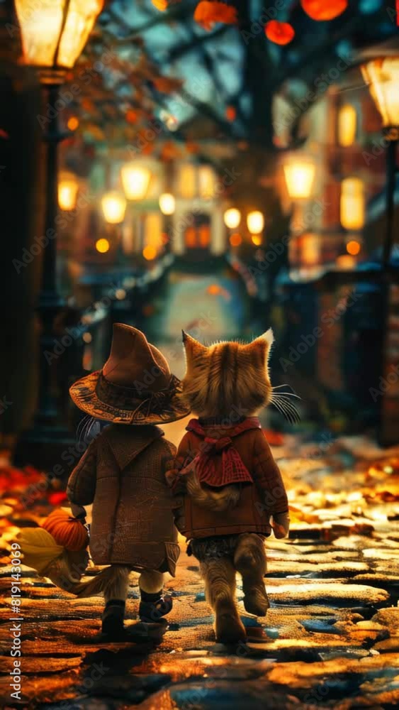 Two cats taking a walk on a fall evening Two cats taking a walk on a fall evening