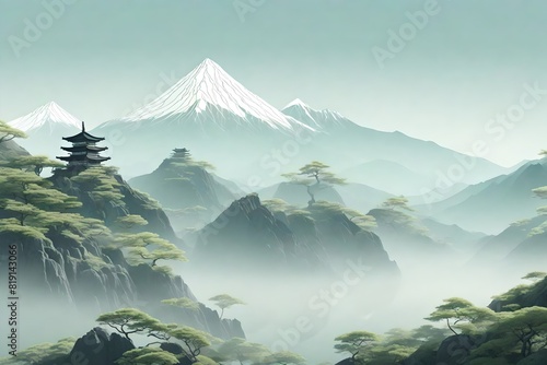 Go for a minimalist Japanese Zen mountain landscape with soft grays and muted greens.