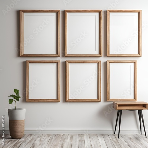 wooden frame on white wall, frame mockup