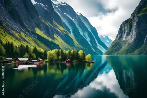 Set a serene Norwegian fjord surrounded by steep, lush mountains. photo