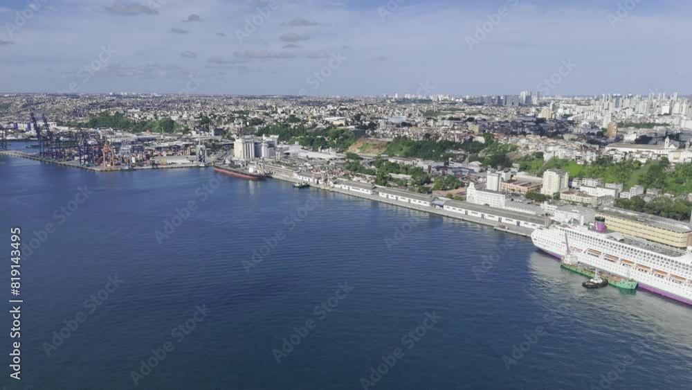 Drone flies backward over the port of Salvador until it reaches Fort San Marcelo in Salvador, Bahia, Brazil Drone flies backward over the port of Salvador until it reaches Fort San Marcelo in Salvador, Bahia, Brazil