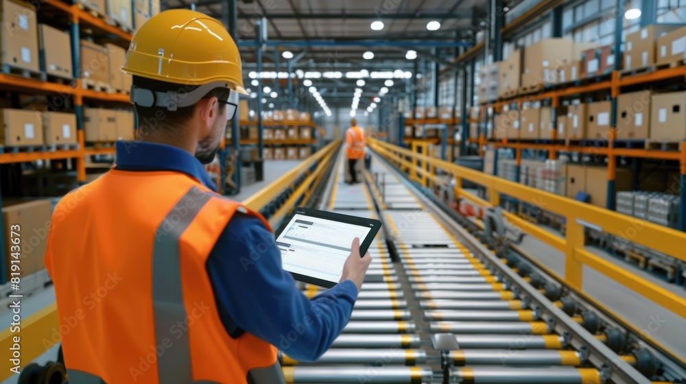 Logistics Center Worker Using Tablet Computer with Augmented Reality Software Controlling Parcel Delivery on a Conveyor Belt. Logistics Center Worker Using Tablet Computer with Augmented Reality Software Controlling Parcel Delivery on a Conveyor Belt.