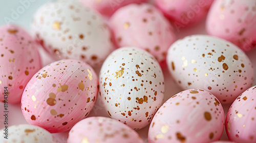 A close up of pink and white speckled Easter eggs