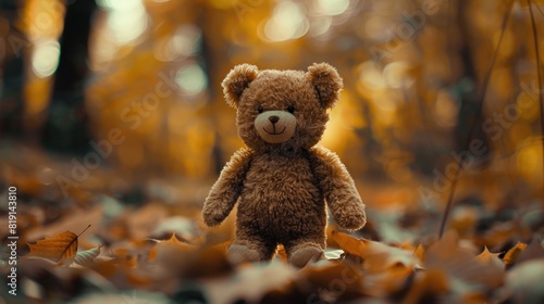 Lonely Teddy bear doll standing alone with blurry autumn forest background, Lost brown bear toy looking sad © Vladyslav  Andrukhiv