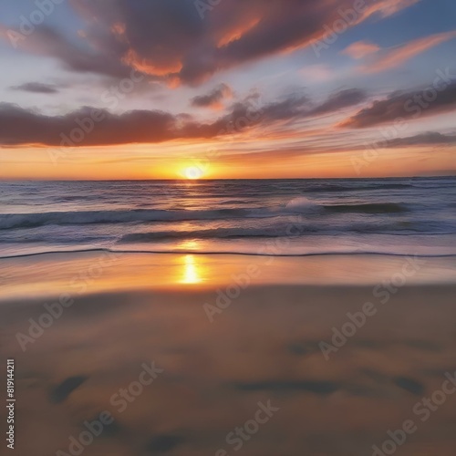 golden sunset on beautiful beach with purple and pink clouds and reflection of sun on water 