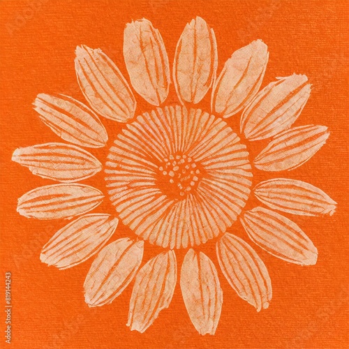 Orange Abstract Flower Nature Themed Sunprint Cyanotype