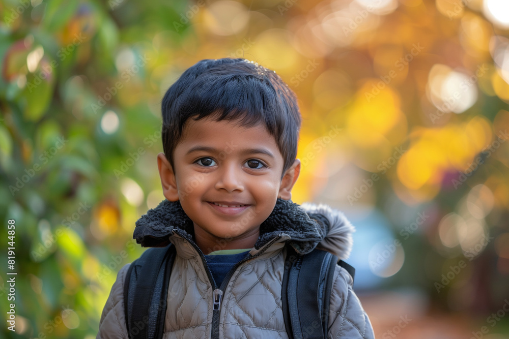 Happy Indian Boy with Backpack Outside Ready for Back to School or Hiking Adventure Happy Indian Boy with Backpack Outside Ready for Back to School or Hiking Adventure