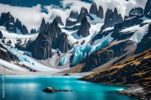 Go for a dramatic Patagonian mountain vista with rugged cliffs and icy blues. photo