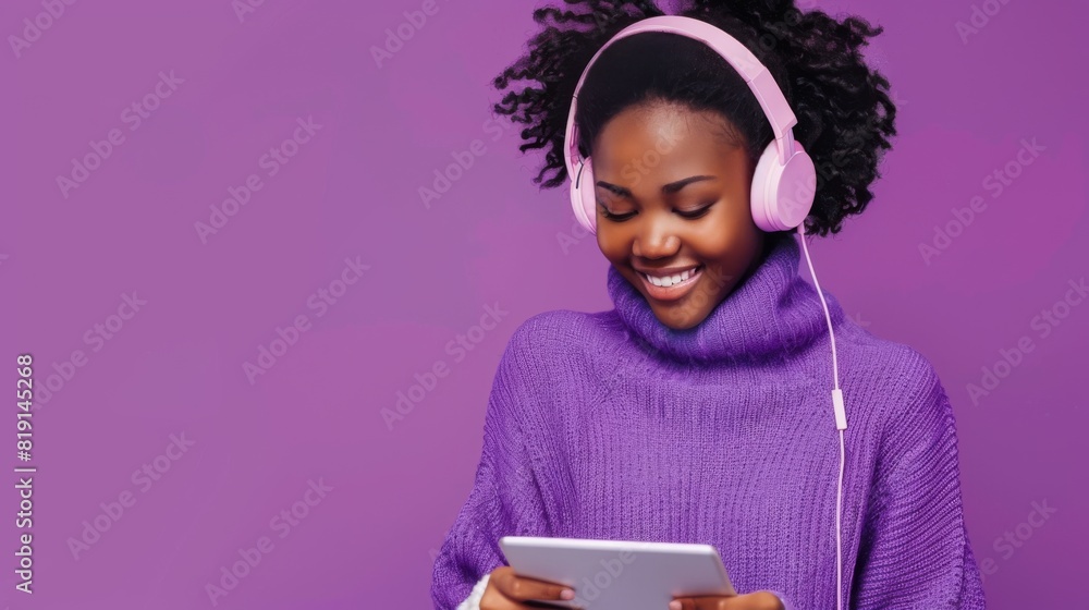 Woman Enjoying Music on Tablet Woman Enjoying Music on Tablet