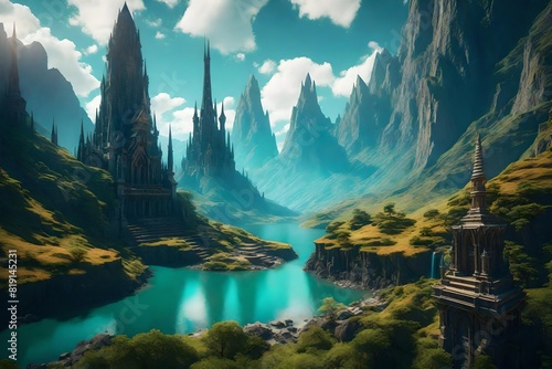 Change to a fantastical mountain kingdom with towering spires and mystical lighting. photo