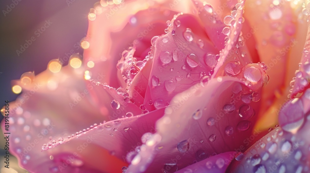Dewy Rose, Macro shot of dew drops on pink rose petals, Soft morning light creating a dreamy atmosphere Dewy Rose, Macro shot of dew drops on pink rose petals, Soft morning light creating a dreamy atmosphere