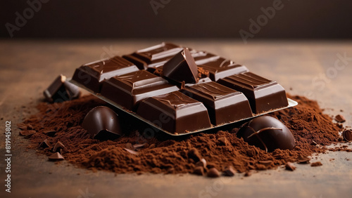 Chocolate bar, candy sweet, cacao beans and powder on wooden background
