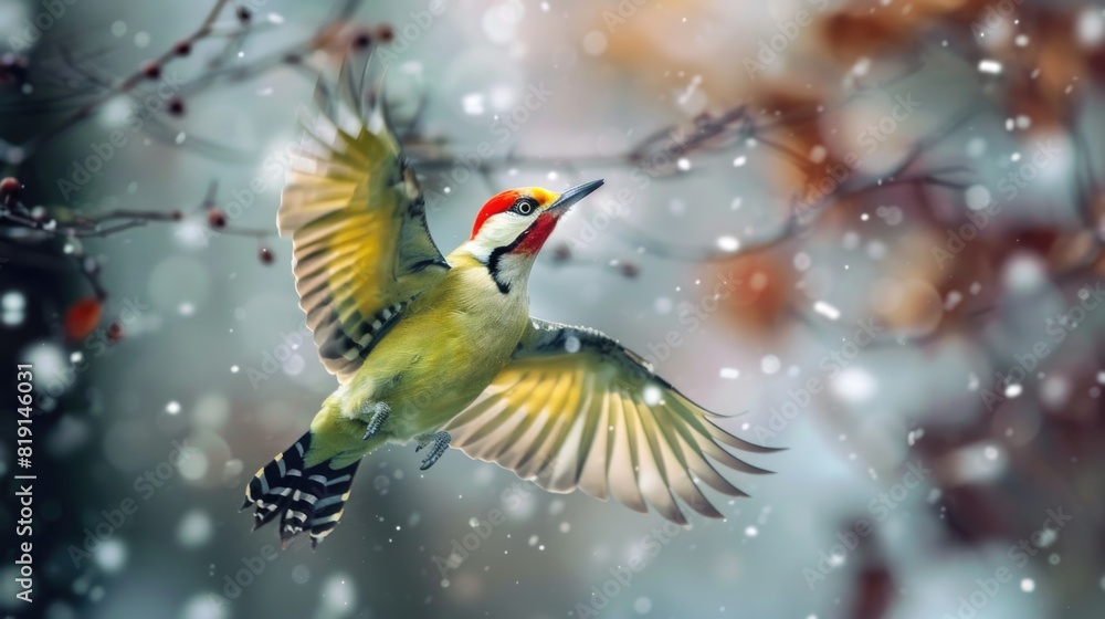 Macro of a green woodpecker bird flying in a winter forest with snow.