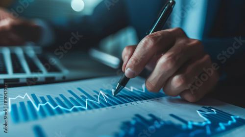 A businessman closely analyzing financial graphs and data charts with a pen, representing strategic decision-making in a professional setting. Businessman Analyzing Financial Graphs and Data