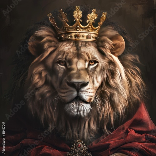 Majestic lion king wearing a golden crown and a royal red mantle  with a charismatic human attitude  a confident and strong look as a wise leader.